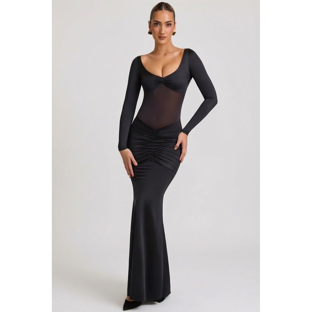 Oh Polly Alila‎ Bow-Detail Ruched Maxi DressNWT Size US 4 Black - Picture 2 of 9